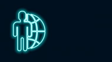 Parlayan neon hattı Globe ve siyah arka planda izole edilmiş insan ikonu. Küresel iş sembolü. Sosyal ağ simgesi. 4K Video hareketli grafik canlandırması