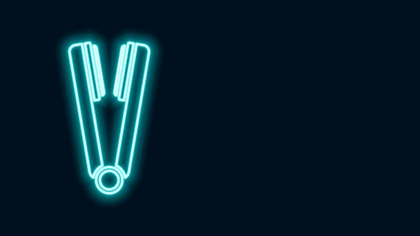 Glödande neon linje Locktång för hår ikon isolerad på svart bakgrund. Hår plattång ikon. 4K Video motion grafisk animation — Stockvideo