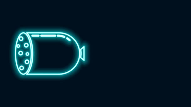 Linea neon luminosa Icona salsiccia salame isolata su sfondo nero. Prodotto della salumeria della carne. Animazione grafica 4K Video motion — Video Stock