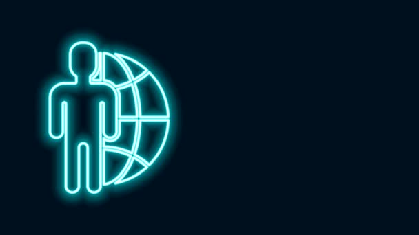 Glödande neon line Globe och människor ikon isolerad på svart bakgrund. Global affärssymbol. Ikonen för sociala nätverk. 4K Video motion grafisk animation — Stockvideo