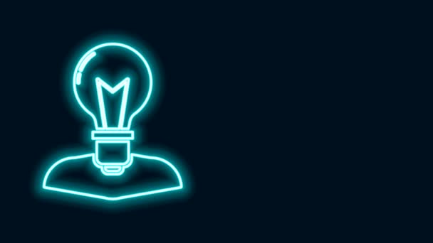 Parlak neon hattı insan kafası ve siyah arka planda izole lamba ikonu. 4K Video hareketli grafik canlandırması — Stok video