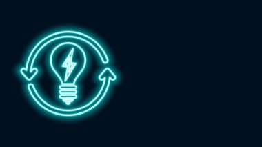 Parlayan neon hattı Geri Dönüşüm ve ampul. Siyah arkaplanda izole edilmiş yıldırım sembolü simgesi var. Lamba ışığı. Fikir sembolü. 4K Video hareketli grafik canlandırması