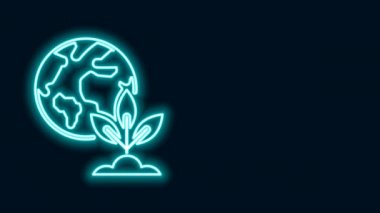 Parlayan neon hattı Dünya küresi ve bitki ikonu siyah arka planda izole edildi. Dünya ya da Dünya işareti. Geometrik şekiller. Çevresel konsept. 4K Video hareketli grafik canlandırması