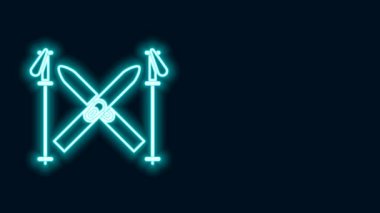 Parlak neon hattı Kayak ve Çubuk simgesi siyah arkaplanda izole edildi. Olağanüstü bir spor. Kayak ekipmanları. Kış sporları ikonu. 4K Video hareketli grafik canlandırması