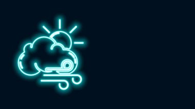 Parlayan neon hattı. Rüzgarlı hava ikonu siyah arkaplanda izole edildi. Bulutlu ve rüzgarlı güneş. 4K Video hareketli grafik canlandırması