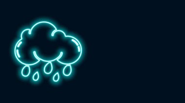 Siyah zemin üzerinde yağmur ikonu olan parlak neon çizgisi. Yağmur damlaları ile yağmur bulutu yağışı. 4K Video hareketli grafik canlandırması