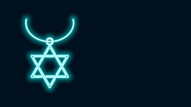 Siyah arka planda izole edilmiş zincir ikonunda parlayan neon çizgisi Davut Yıldızı gerdanlığı. Yahudi dini sembolü. İsrail 'in sembolü. Mücevher ve aksesuar. 4K Video hareketli grafik canlandırması