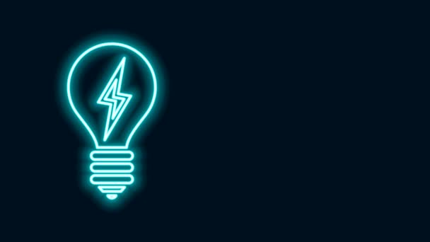 Glowing neon line Light bulb with lightning symbol icon isolated on black background. Light lamp sign. Idea symbol. 4K Video motion graphic animation — Stock Video