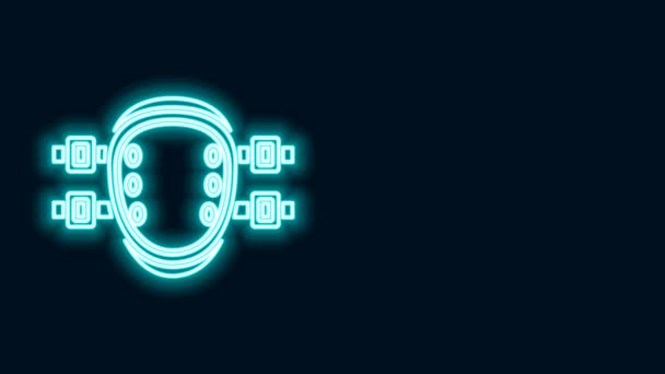 Leuchtendes neonfarbenes Knieschoner-Symbol auf schwarzem Hintergrund. Extremsport. Sportgeräte. Skateboarden, Fahrrad, Schutzausrüstung für Rollschuhfahrer. 4K Video Motion Grafik Animation — Stockvideo