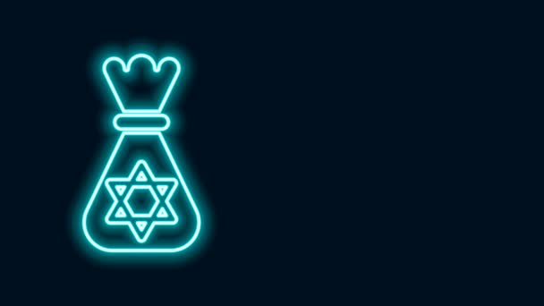 Brillante bolsa de dinero judía de línea de neón con estrella de David icono aislado sobre fondo negro. Símbolo moneda. Animación gráfica de vídeo 4K — Vídeo de stock
