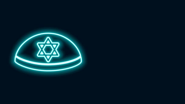 Žhnoucí neonová linie židovská kippah s hvězdou Davidovy ikony izolované na černém pozadí. Židovský jarmulkový klobouk. Grafická animace pohybu videa 4K — Stock video