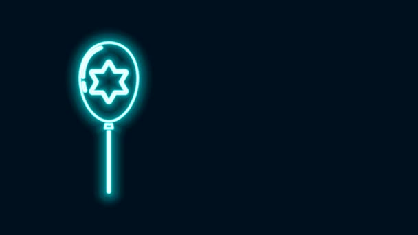 ネオンラインを輝く黒い背景に孤立したデビッドアイコンの星とリボンで風船。イスラエル国旗を掲揚する。4Kビデオモーショングラフィックアニメーション — ストック動画