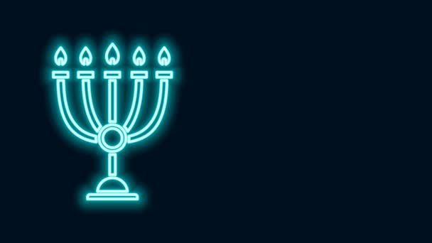 Brillante línea de neón Hanukkah menorah icono aislado sobre fondo negro. Hanukkah símbolo tradicional. Religión navideña, festival judío de las Luces. Animación gráfica de vídeo 4K — Vídeos de Stock