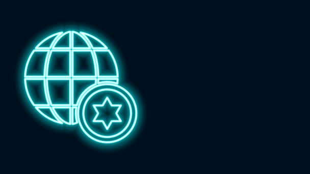 Parlayan neon hattı World Globe ve İsrail ikonu siyah arka planda izole edildi. 4K Video hareketli grafik canlandırması — Stok video