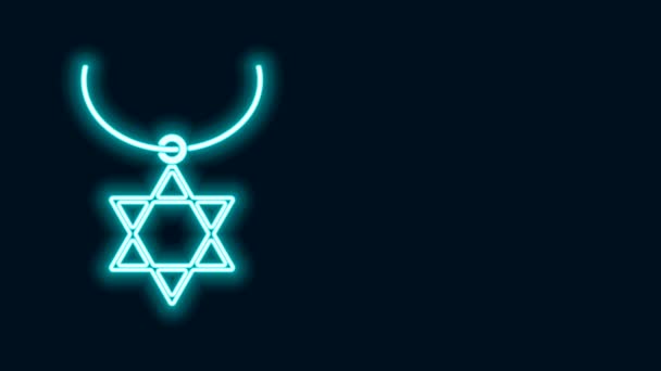 Glowing neon line Star of David necklace on chain icon isolated on black background. Jewish religion symbol. Symbol of Israel. Jewellery and accessory. 4K Video motion graphic animation — Stock Video