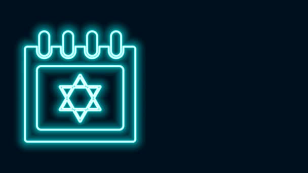 ネオンラインのユダヤ暦を黒の背景に孤立デビッドアイコンの星で輝く。ハヌカ暦の日。4Kビデオモーショングラフィックアニメーション — ストック動画