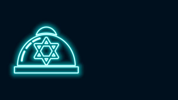 Parlayan neon hattı Yahudi kippah ve siyah arka planda izole edilmiş David ikon yıldızı. Yahudi şapkası. 4K Video hareketli grafik canlandırması — Stok video