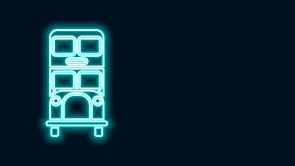 Zářící neonová čára Ikona dvoupatrové sběrnice izolované na černém pozadí. Londýnský klasický osobní autobus. Symbol veřejné dopravy. Grafická animace pohybu videa 4K — Stock video