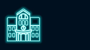 Parlayan neon hattı okul binası simgesi siyah arka planda izole edildi. 4K Video hareketli grafik canlandırması