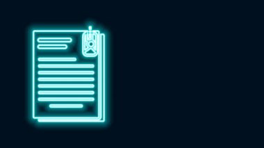 Parlayan neon hattı dosya ve ataç simgesi siyah arkaplanda izole edildi. Kontrol listesi simgesi. İş konsepti. 4K Video hareketli grafik canlandırması