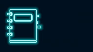 Parlayan neon çizgisi Not Defteri simgesi siyah arkaplanda izole edildi. Spiral not defteri simgesi. Okul defteri. Yazı tahtası. Okul günlüğü. 4K Video hareketli grafik canlandırması