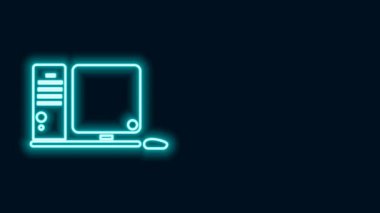 Siyah arkaplanda klavye ve fare simgesiyle parlayan neon hattı bilgisayar monitörü. Bilgisayar bileşeni işareti. 4K Video hareketli grafik canlandırması