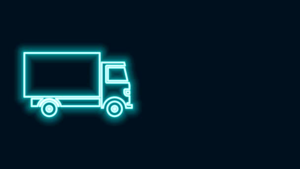 Λαμπερό νέον γραμμή παράδοσης φορτηγό φορτηγό όχημα εικονίδιο απομονώνονται σε μαύρο φόντο. 4K Γραφική κίνηση κίνησης βίντεο — Αρχείο Βίντεο