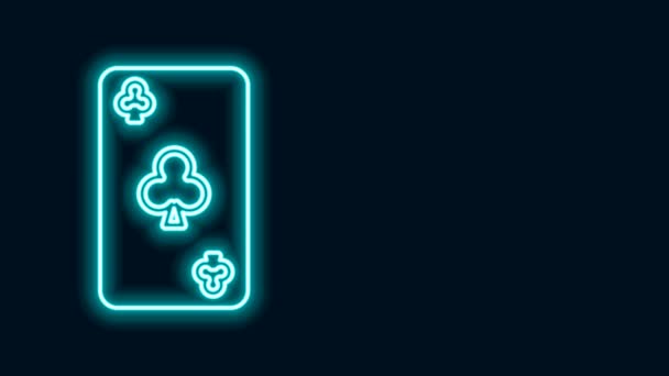 Gloeiende neon lijn Speelkaart met clubs symbool pictogram geïsoleerd op zwarte achtergrond. Casino gokken. 4K Video motion grafische animatie — Stockvideo