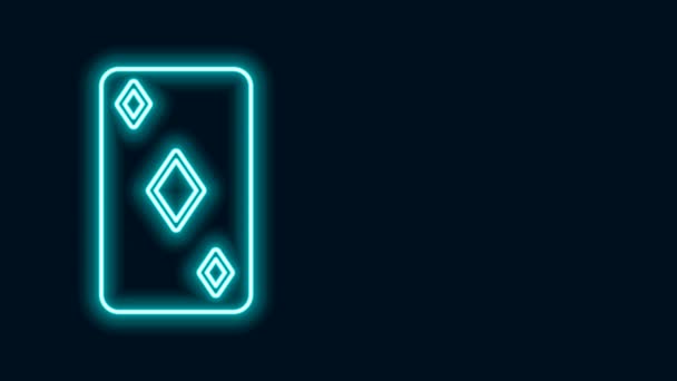Brillante línea de neón Jugando a las cartas con diamantes símbolo icono aislado sobre fondo negro. Juego de casino. Animación gráfica de vídeo 4K — Vídeos de Stock