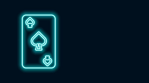 Leuchtende Neon-Linie Spielkarte mit Pik-Symbol auf schwarzem Hintergrund. Casino-Glücksspiel. 4K Video Motion Grafik Animation — Stockvideo