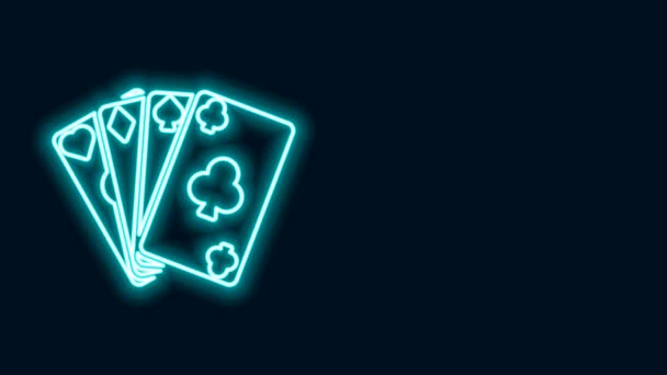 Brillante línea de neón Jugando cartas icono aislado sobre fondo negro. Juego de casino. Animación gráfica de vídeo 4K — Vídeos de Stock