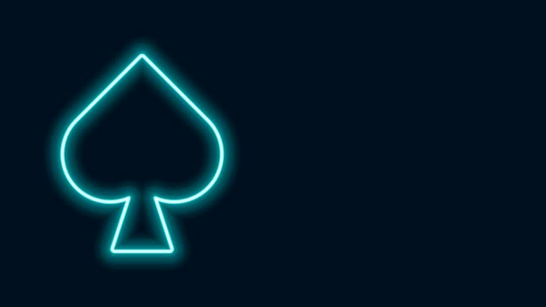 Glödande neon line Spela kort med spader symbol ikon isolerad på svart bakgrund. Kasinospel. 4K Video motion grafisk animation — Stockvideo