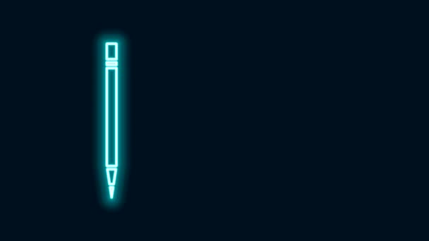 Glödande neon linje penna med suddgummi och linje ikon isolerad på svart bakgrund. Ritnings- och utbildningsverktyg. Skolans kontorssymbol. 4K Video motion grafisk animation — Stockvideo