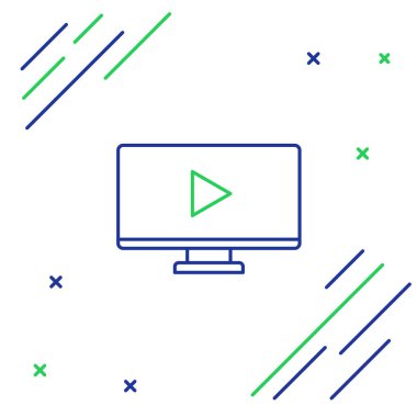 Line Online video simgesi beyaz arkaplanda izole edildi. Bilgisayar monitörü ve oyun işaretli film şeridi. Renkli taslak konsepti. Vektör.