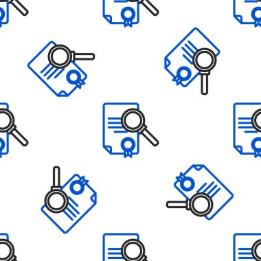 Arama simgesine sahip satır belgesi beyaz arkaplanda izole edilmiş kusursuz desen. Dosya ve büyüteç simgesi. Analitik araştırma işareti. Renkli taslak konsepti. Vektör.