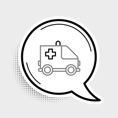 Gri arka planda hat ambulansı ve acil durum arabası ikonu izole edildi. Ambulans aracı tıbbi tahliye. Renkli taslak konsepti. Vektör.