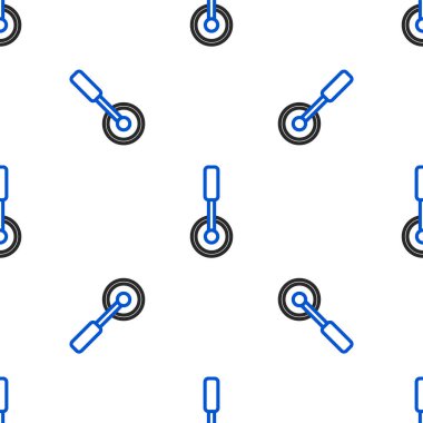 Line Pizza bıçak ikonu beyaz arka planda izole edilmiş kusursuz desen. Pizza kesme tabelası. Çelik mutfak gereçleri. Renkli taslak konsepti. Vektör.