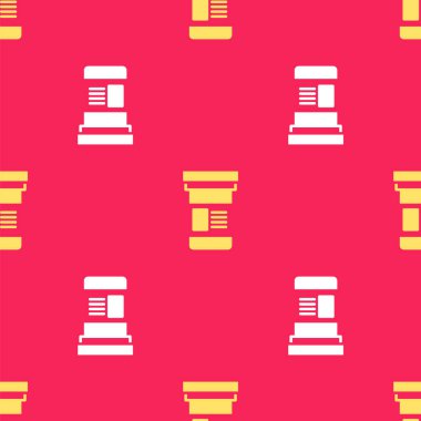 Sarı İlaç Şişesi ikonu kırmızı arka planda izole edilmiş pürüzsüz desen. Şişe hapı işareti. Eczane tasarımı. Vektör İllüstrasyonu.