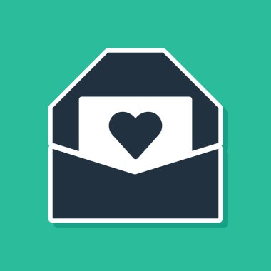 Yeşil arka planda Sevgililer Günü kalp ikonu olan mavi zarf. Mesaj aşkım. Aşk ve romantizm mektubu. Vektör.