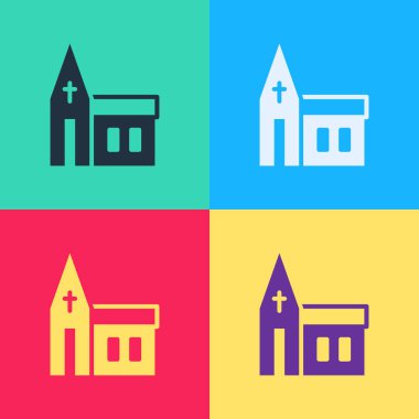 Pop Art Church binası ikonu renk arkaplanında izole edilmiş. Hıristiyan Kilisesi. Kilisenin dini. Vektör.