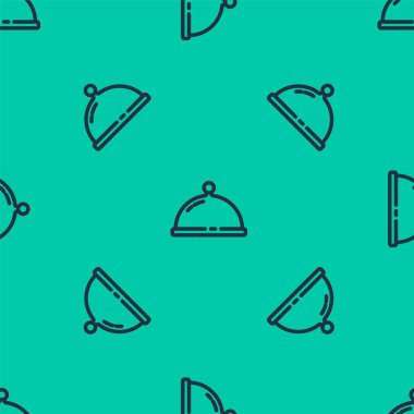 Mavi çizgi, yeşil arka planda izole edilmiş yemek ikonu tepsisiyle kaplı. Tepsi ve kapak. Kapaklı bir restoran saati. Mutfak eşyaları sembolü. Vektör.