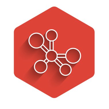 Beyaz çizgi Molekül simgesi uzun gölgeli izole edilmiş. Kimya moleküllerinin yapısı, fen öğretmenlerinin yenilikçi eğitim posteri. Kırmızı altıgen düğmesi. Vektör.