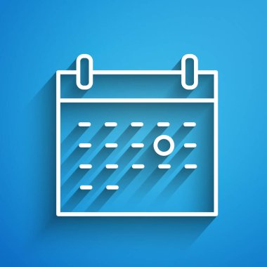 Beyaz çizgili takvim ölüm ikonu mavi arkaplanda izole edildi. Uzun gölge. Vektör.