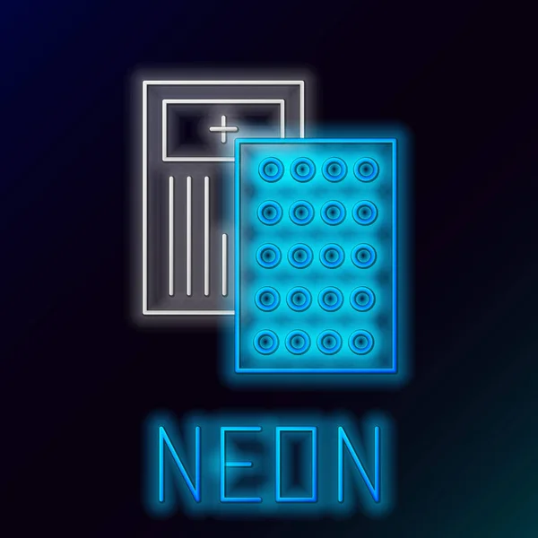 Glödande Neon Line Piller Blisterförpackning Ikon Isolerad Svart Bakgrund Medicinsk — Stock vektor