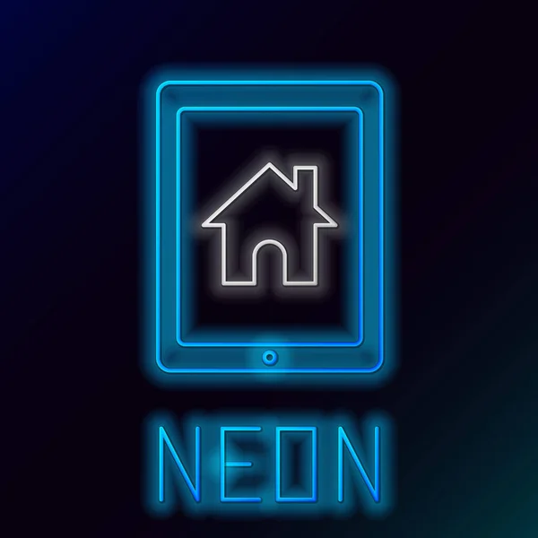 Glödande Neon Line Tablet Och Smart Hem Ikon Isolerad Svart — Stock vektor