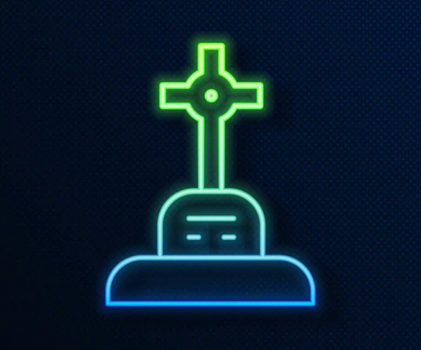 ネオンラインを輝く青の背景に孤立した十字アイコンを持つ墓 ベクトル — ストックベクタ