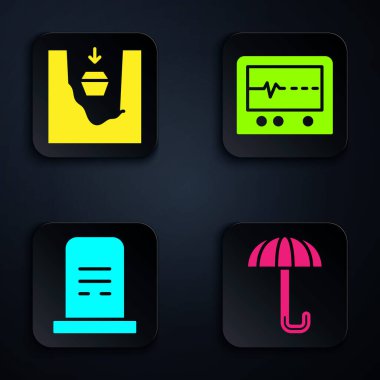 Umbrella 'yı, Tabut' u mezara, Mezar taşıyla Mezar 'ı ve Beat' i monitöre koy. Siyah kare düğme. Vektör.