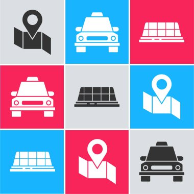 Katlanmış haritayı konum işareti, taksi arabası ve taksi çatı simgesi ile ayarla. Vektör.