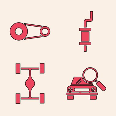 Araç araması, zaman ayarlı kemer kiti, araba susturucusu ve Chassis araba simgesi. Vektör.