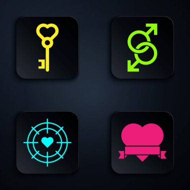 Kalp ve kurdele, kalp şeklinde anahtar, dart merkezindeki kalp hedef ve erkek cinsiyet sembolü. Siyah kare düğme. Vektör.